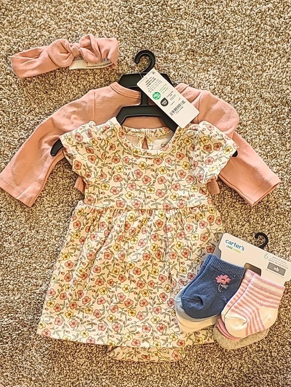 Carter's Pink Floral Baby Dress Set - Pink Floral Dress with Headband & Socks
